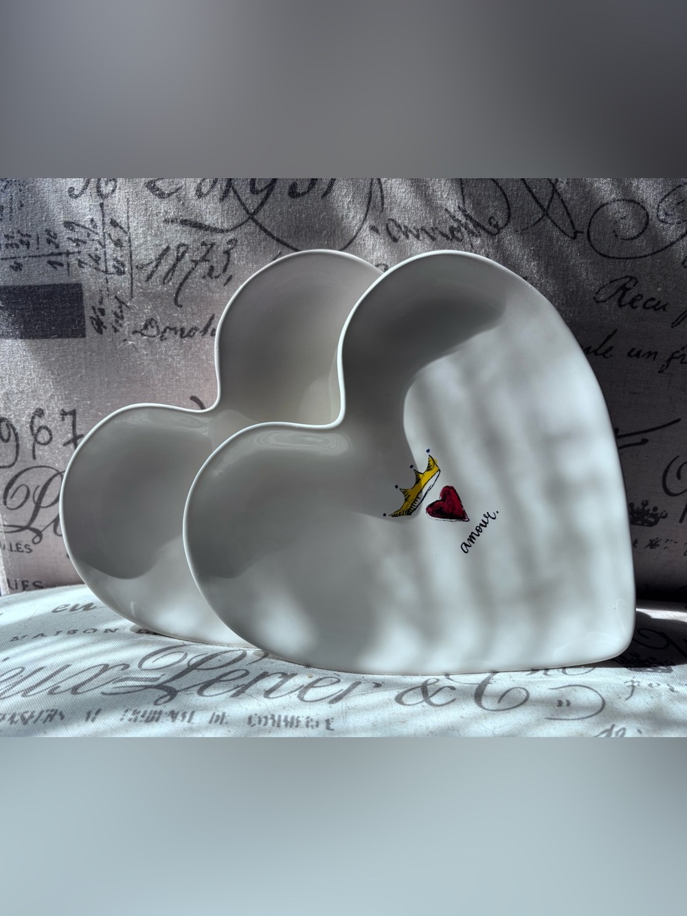 Rae Dunn White Heart Ceramic Dish Set with Red Heart & Gold Crown